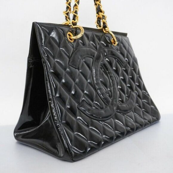 CHANEL CC Patent Shopping Tote Quilted Chain Shoulder Bag Gold Purse - Picture 3 of 16